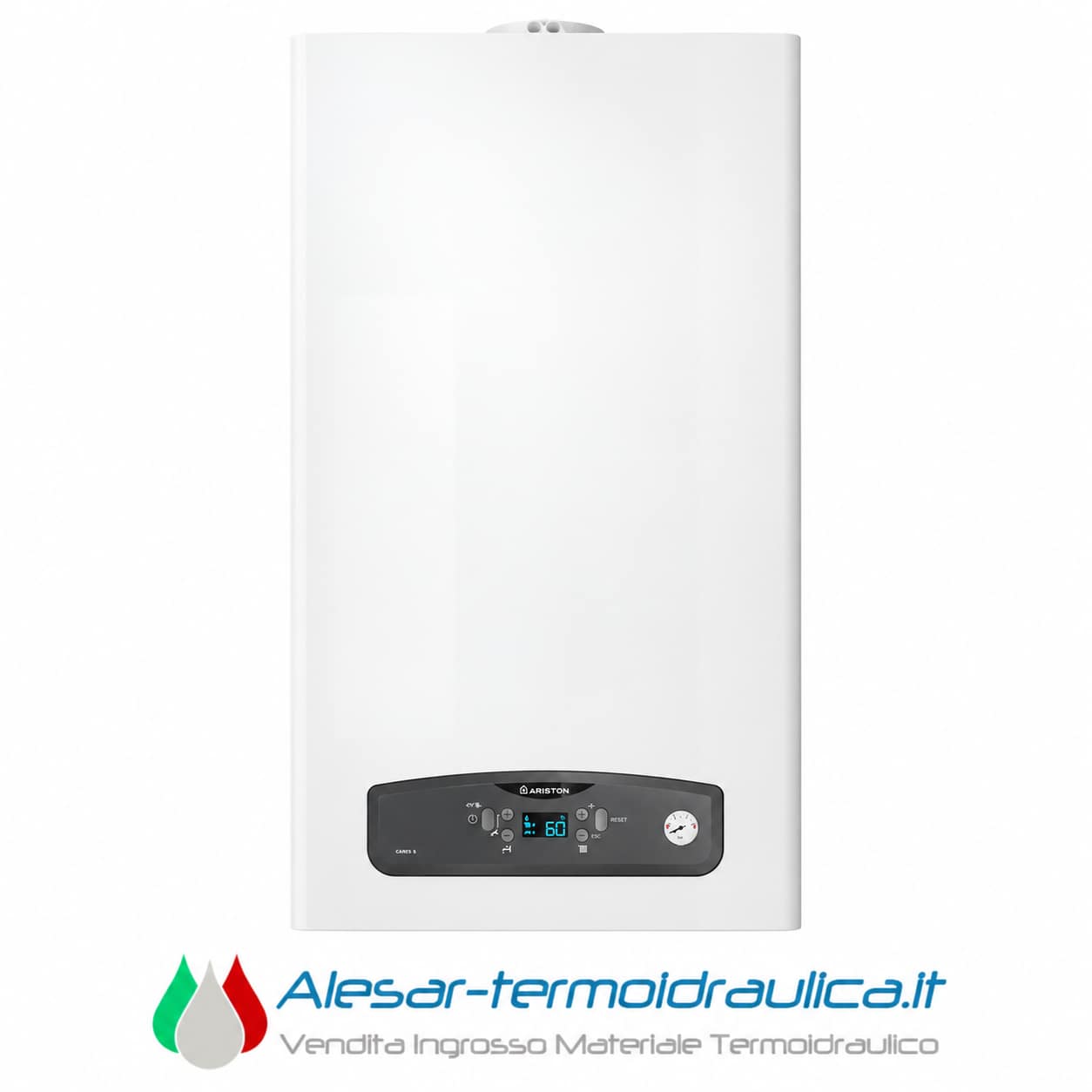 alesar-ariston-caress-catalogo | Alesar Vendita Ingrosso Materiale Termoidraulico White wall-mounted boiler with a black control panel at the bottom and a small digital display.