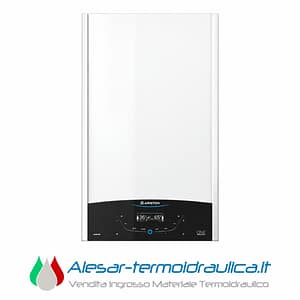 White wall-mounted Ariston boiler with a black control panel at the bottom and a digital display showing temperature readings (36°C/65°C).