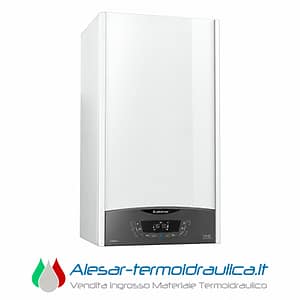 White Ariston boiler with a black control panel at the bottom; Alesar-termoidraulica branding beneath the image.