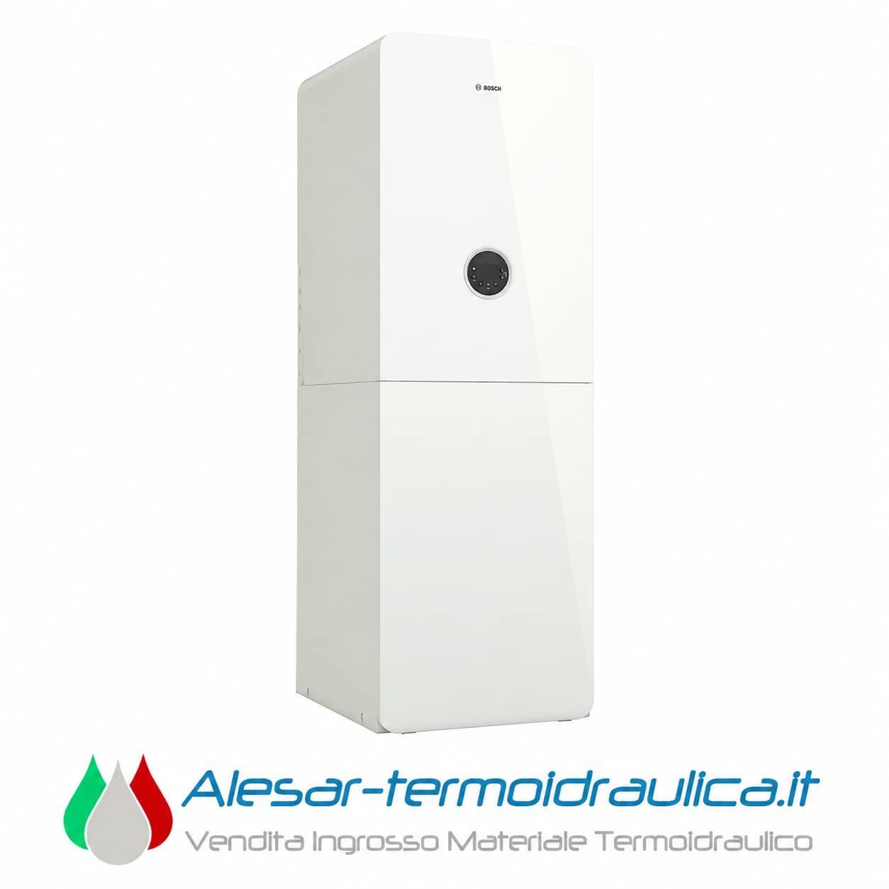 alesar-bosch-5300wm-catalogo | Alesar Vendita Ingrosso Materiale Termoidraulico White Bosch boiler standing upright with a round control panel on the front, against a white background.