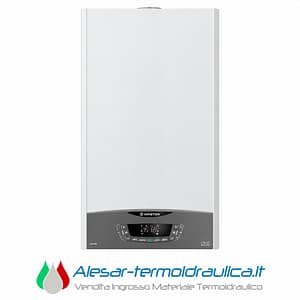 Vertical white wall-mounted boiler with a dark control panel at the bottom (Ariston), used for home heating and hot water.