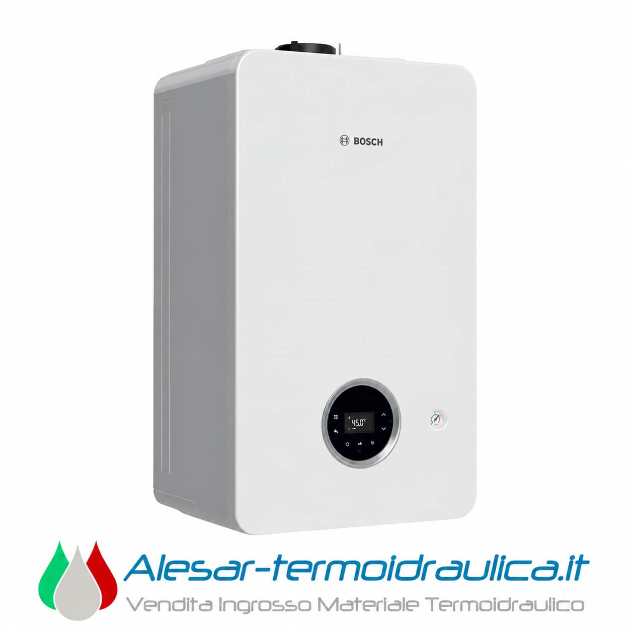 alesar-bosch-2300w-catalogo | Alesar Vendita Ingrosso Materiale Termoidraulico Bosch wall-mounted boiler with a round digital control panel on the front.