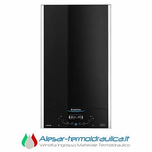 Tall black wall-mounted boiler with chrome side rails and a digital control panel near the bottom, branded Ariston Alteas One