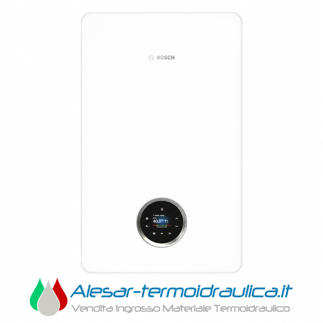 alesar-bosch-5700w-catalogo | Alesar Vendita Ingrosso Materiale Termoidraulico Bosch white wall-mounted tankless water heater with a round digital control panel at the lower front and the Bosch logo near the top center.