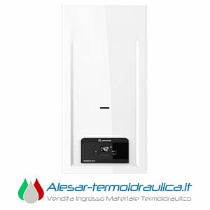 Wall-mounted white boiler with a black digital control panel at the bottom in a recessed niche.
