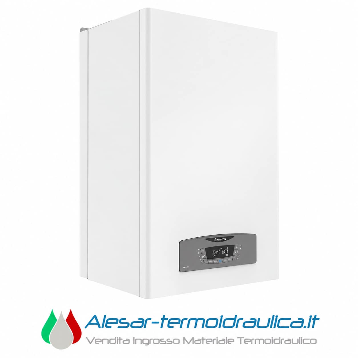 alesar-ariston-clasb-catalogo | Alesar Vendita Ingrosso Materiale Termoidraulico White wall-mounted boiler with a black digital control panel; company logo and slogan appear below the unit