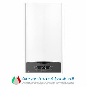 White wall-mounted boiler with a black control panel at the bottom and digital display (Ariston brand).