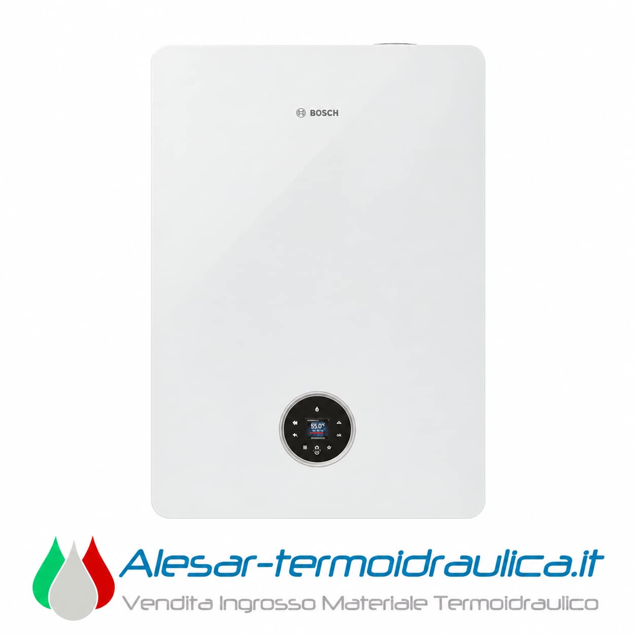 alesar-bosch-5300wt-catalogo | Alesar Vendita Ingrosso Materiale Termoidraulico White Bosch wall-mounted boiler with a circular digital control panel at the bottom center, set against a light background (advertisement for Alesar-termoidraulica.it).