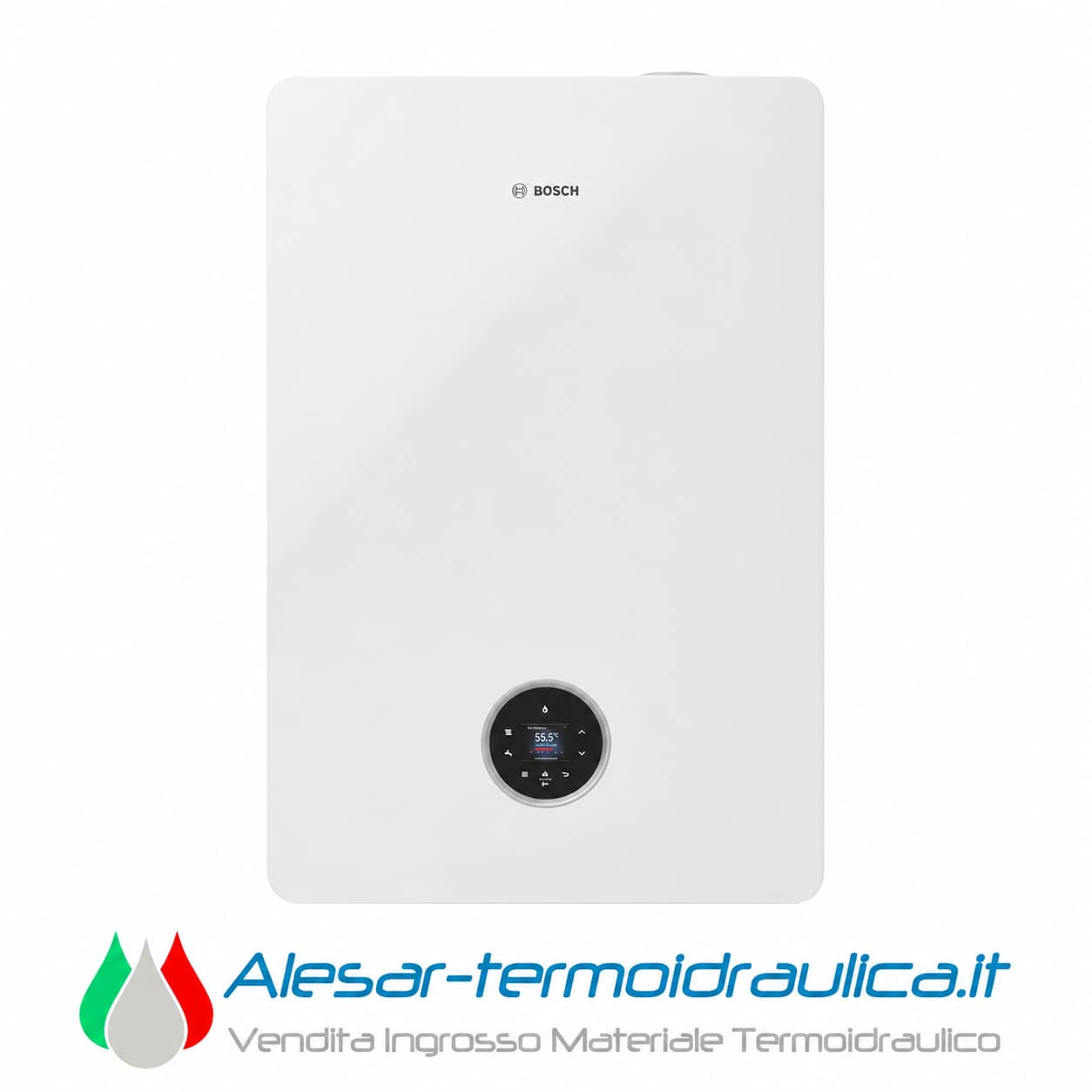 alesar-bosch-5700wt-catalogo | Alesar Vendita Ingrosso Materiale Termoidraulico White Bosch wall-mounted water heater with a round digital control panel near the bottom and rounded corners.
