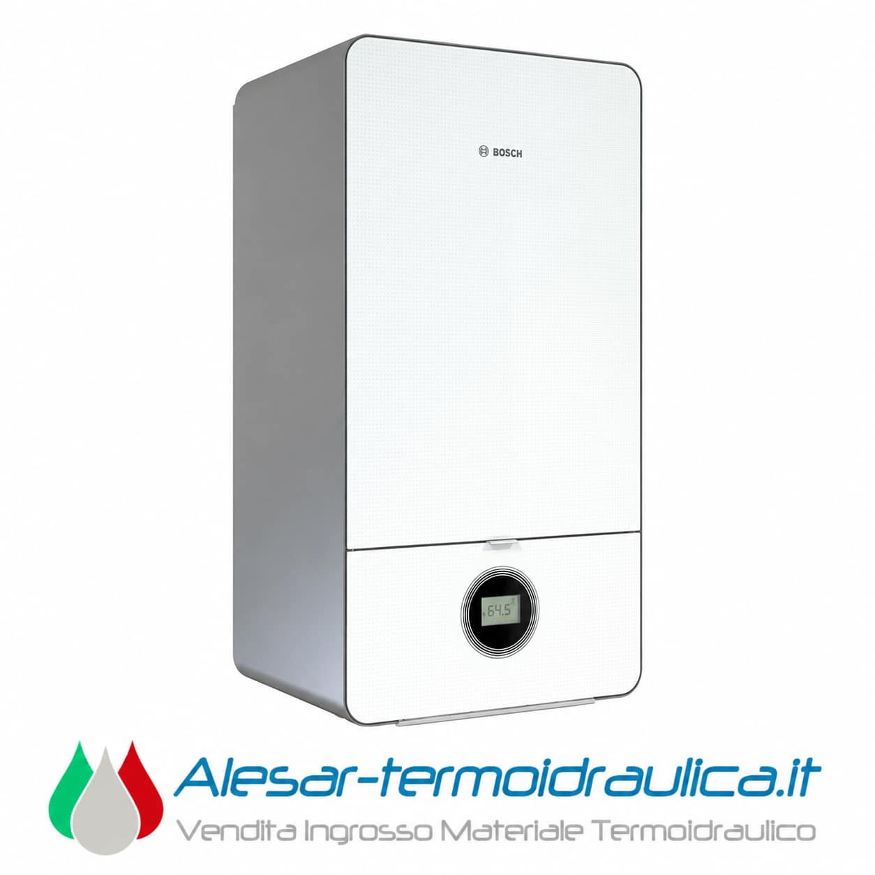 alesar-bosch-7000w-catalogo | Alesar Vendita Ingrosso Materiale Termoidraulico Bosch white wall-mounted boiler with a digital display on the lower section and a gray side panel, shown with a logo below.