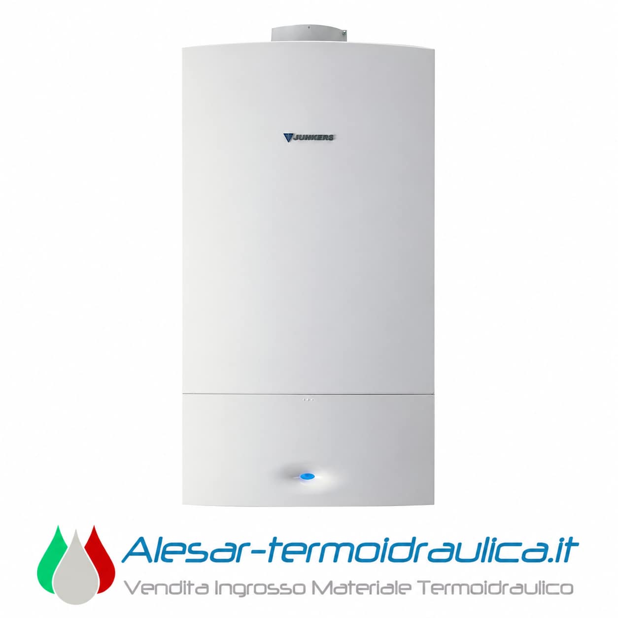alesar-bosch-cerastar-catalogo | Alesar Vendita Ingrosso Materiale Termoidraulico White wall-mounted boiler with a small Junkers logo on the front, and a blue-highlighted control light at the bottom; website branding shown below.