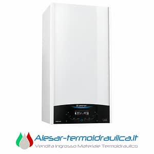 White Ariston wall-mounted boiler with a black control panel at the bottom and a blue accent light.