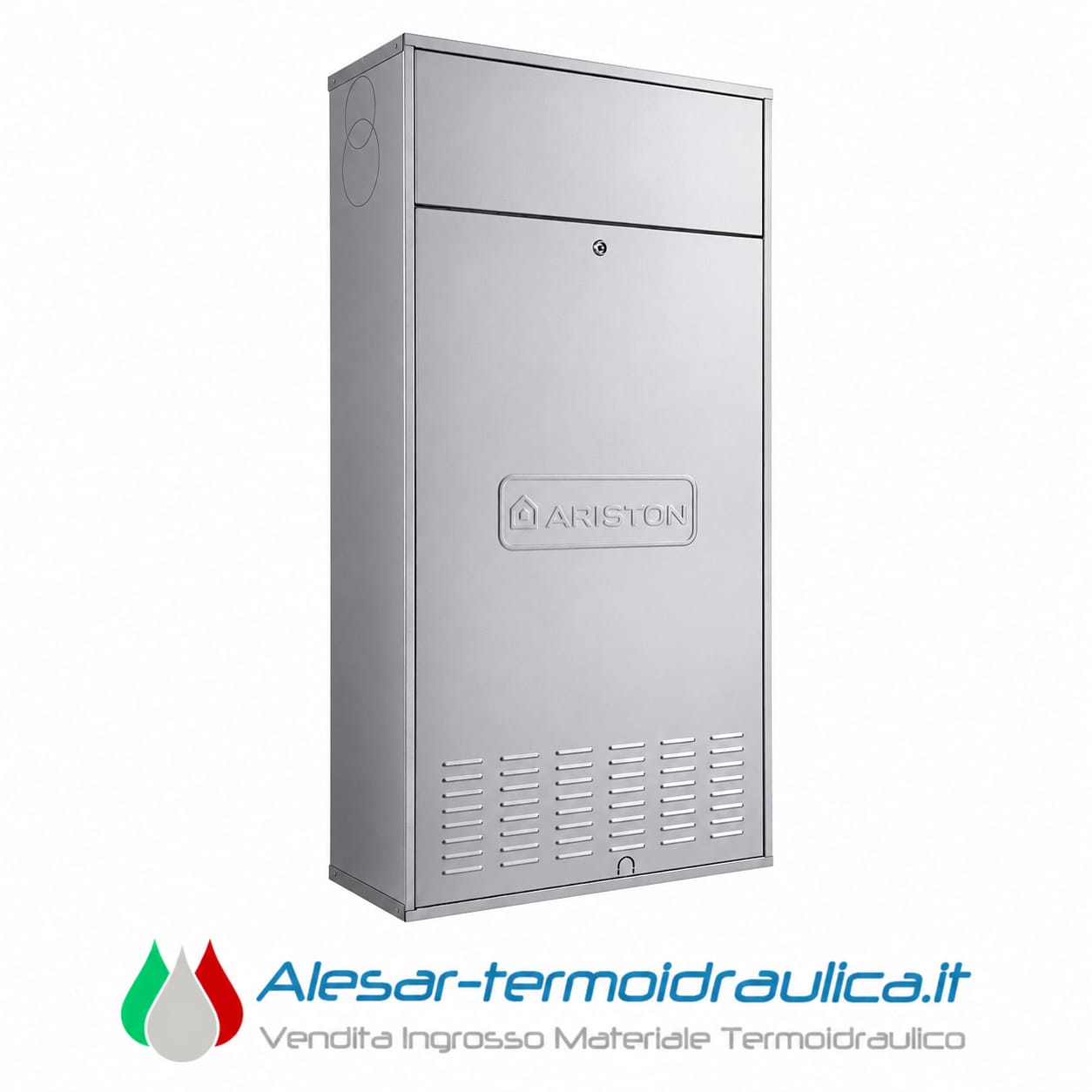 alesar-ariston-caresin-catalogo | Alesar Vendita Ingrosso Materiale Termoidraulico Tall gray metal boiler cabinet with Ariston logo and bottom ventilation slots.