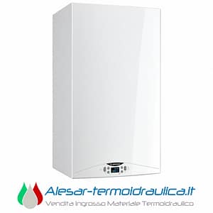 White modern boiler with a glossy front panel and a small digital control display at the bottom used for home heating