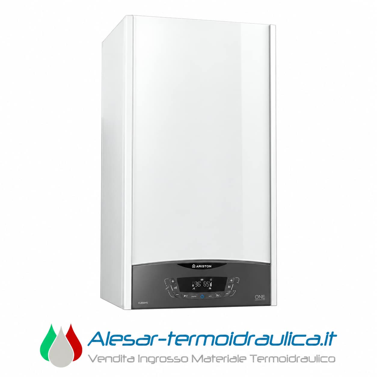 alesar-ariston-classys-catalogo | Alesar Vendita Ingrosso Materiale Termoidraulico White Ariston boiler with a black control panel at the bottom; Alesar-termoidraulica branding beneath the image.