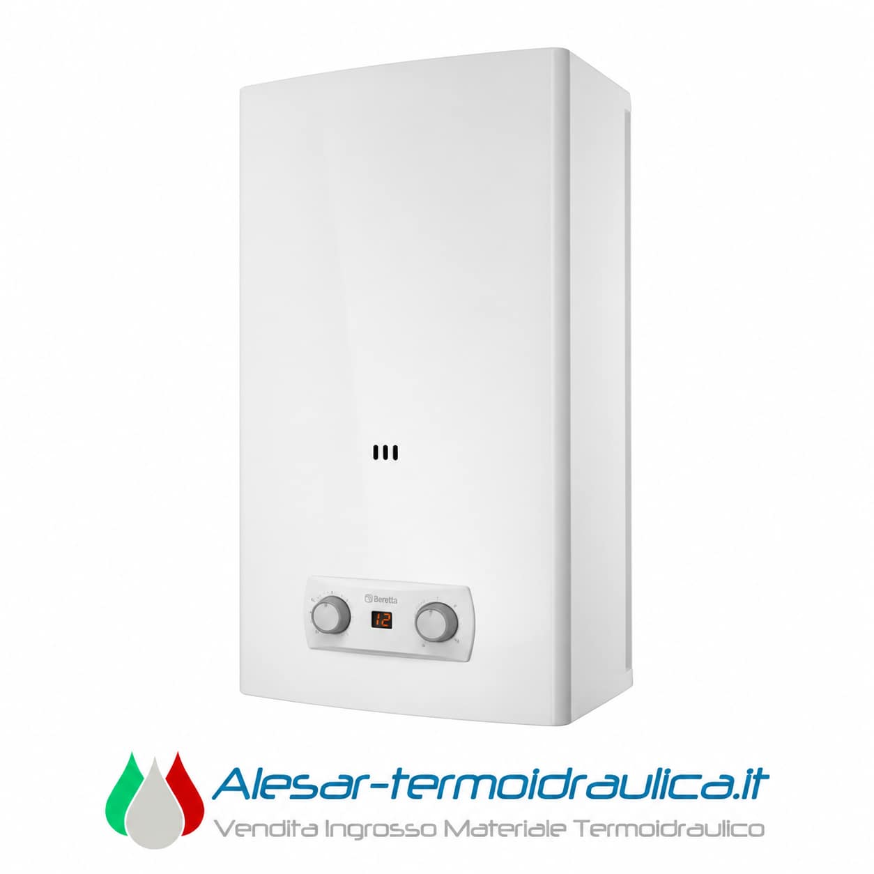 alesar-beretta-fonte-catalogo | Alesar Vendita Ingrosso Materiale Termoidraulico White wall-mounted boiler with a digital display showing 12 and two control knobs on the curved front panel, Beretta branding visible below the display