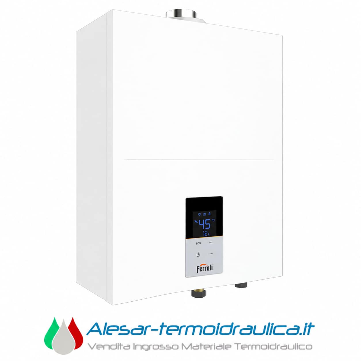 alesar-ferroli-kona | Alesar Vendita Ingrosso Materiale Termoidraulico White wall-mounted boiler with a digital control panel at the bottom and visible pipe fittings, branded Ferroli.