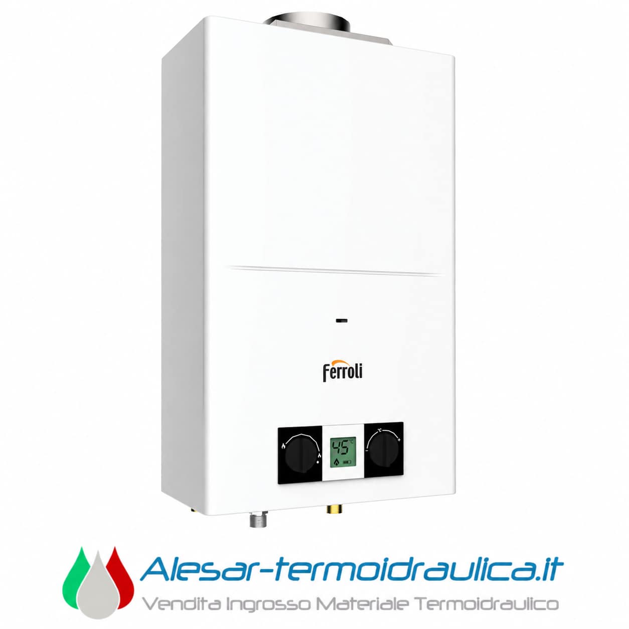 alesar-ferroli-pegaso | Alesar Vendita Ingrosso Materiale Termoidraulico White Ferroli wall-mounted gas boiler with digital control panel and two black knobs on the front