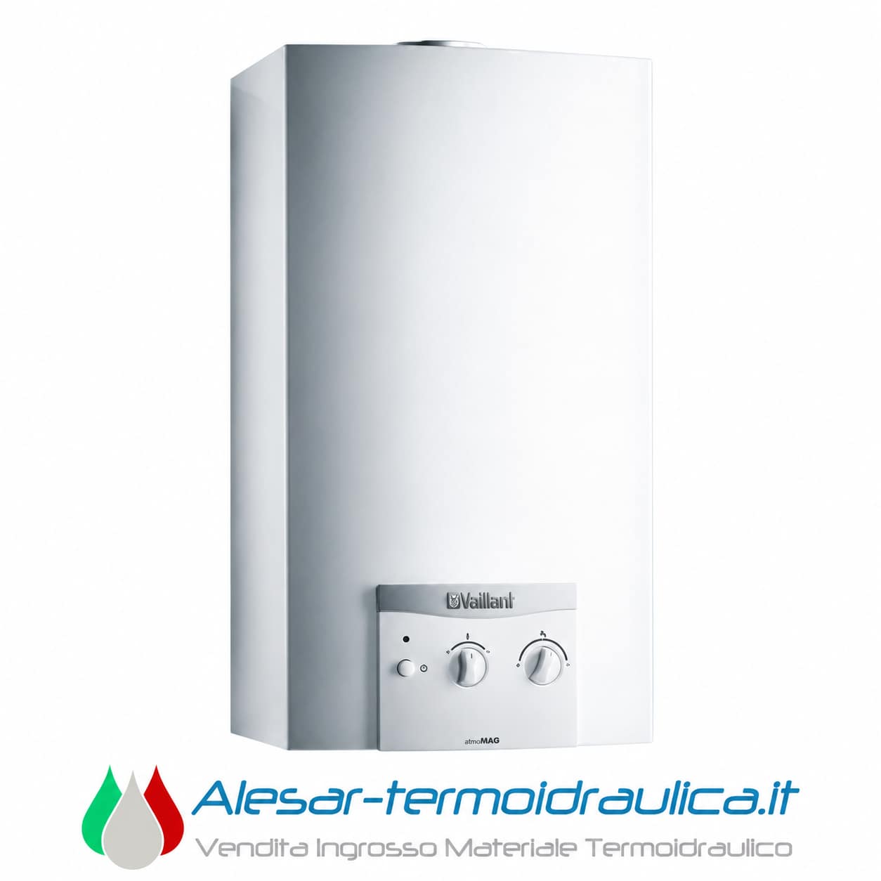 alesar-vaillant-atmomag | Alesar Vendita Ingrosso Materiale Termoidraulico Tall white boiler with a metal control panel at the bottom, displaying two dials and the Vaillant logo.