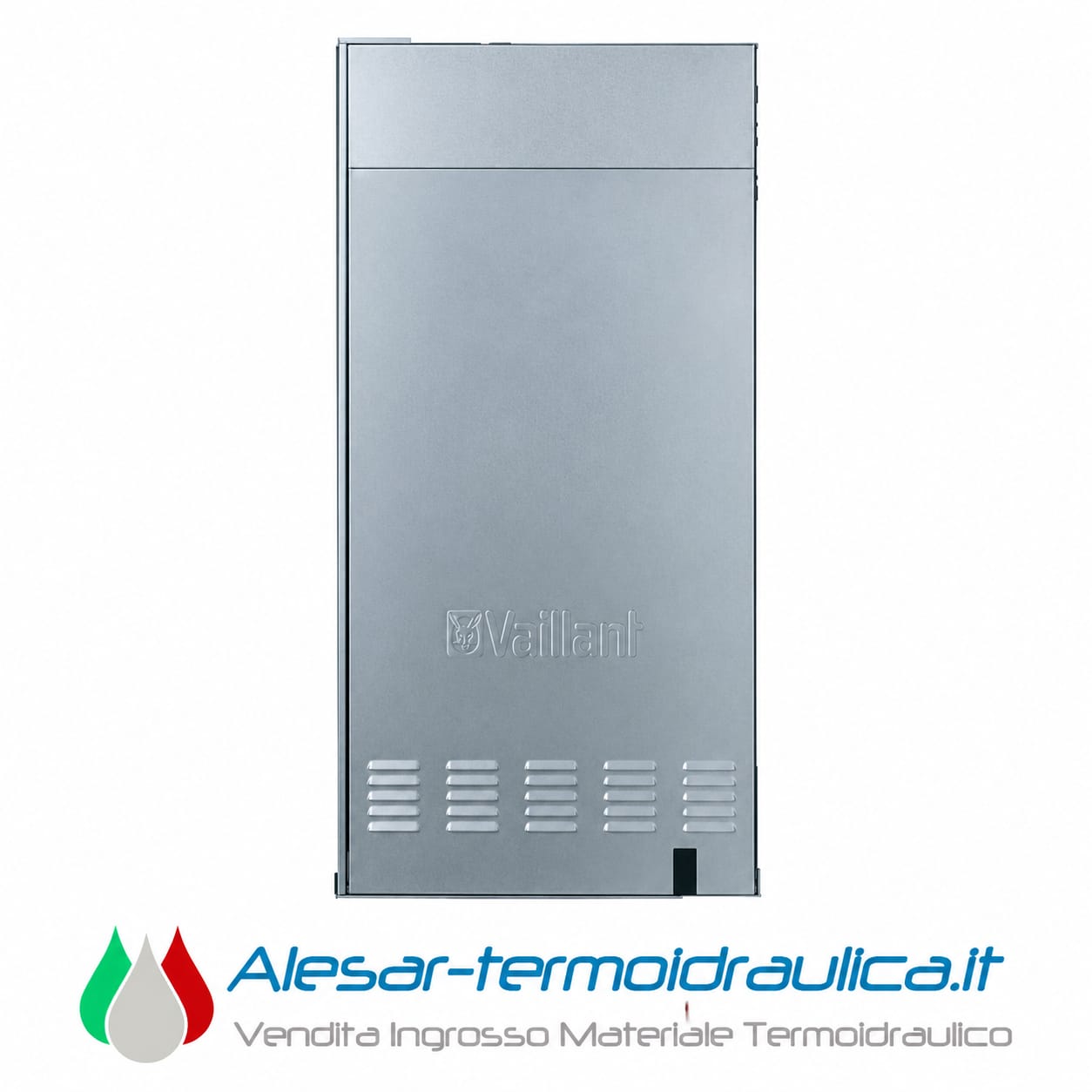 alesar-vaillant-inwall | Alesar Vendita Ingrosso Materiale Termoidraulico Vertical silver heating boiler panel with Vaillant branding and vent slits at the bottom.
