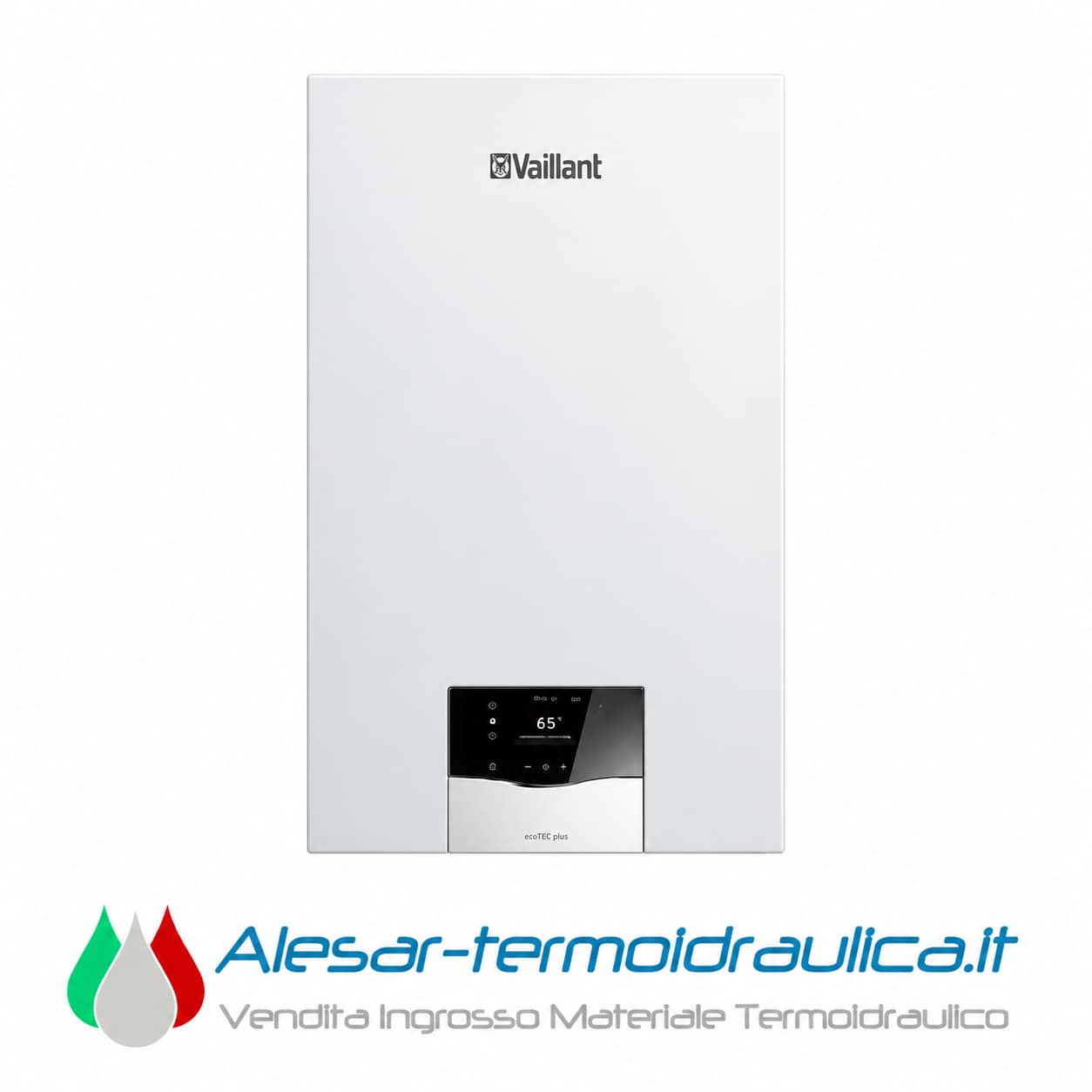 alesar-vaillant-vmi | Alesar Vendita Ingrosso Materiale Termoidraulico White Vaillant boiler with black digital control panel at the bottom front, set against a plain background.