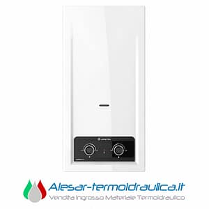 White wall-mounted boiler with a dark control panel featuring two knobs and a small display area.