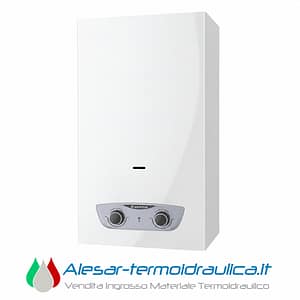 White wall-mounted boiler with a gray control panel at the bottom and Ariston branding. Watermark text for Alesar-termoidraulica.it shown.