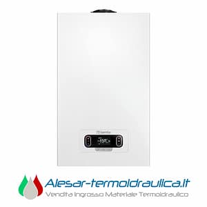 alesar-beretta-evo-catalogo | Alesar Vendita Ingrosso Materiale Termoidraulico Front view of a white wall-mounted boiler with a digital control panel near the base and the Beretta logo clearly visible on the panel.