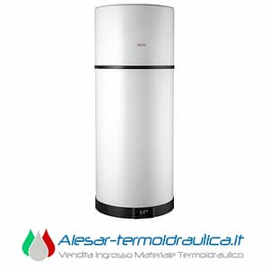 Vertical Ferroli water heater in stainless steel, with a black base and a digital temperature display at the bottom