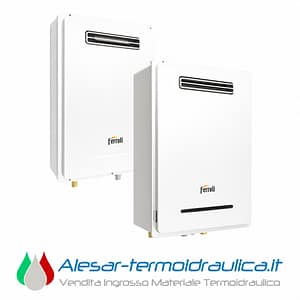 Two white Ferroli boilers with vent grilles, wall-mounted, brand logo visible on the front, set against a white background.