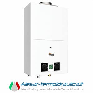 White Ferroli wall-mounted gas boiler with digital control panel and two black knobs on the front