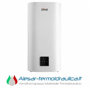 White vertical Ferroli water heater with a black bottom-front control panel and logo at the top.