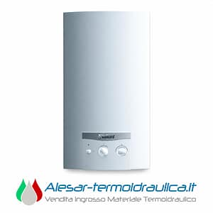 Silver wall-mounted boiler with a control panel at the base and Vaillant branding on the panel.
