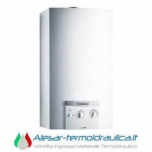 Tall white boiler with a metal control panel at the bottom, displaying two dials and the Vaillant logo.