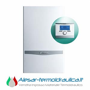 Silver Vaillant boiler with a circular inset showing its digital control panel and the 'Alesar-termoidraulica.it' branding below.