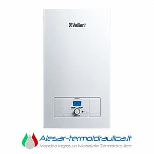 Vaillant boiler front with blue digital display and control panel at the bottom on a white background