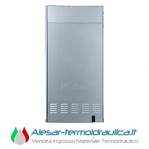 Vertical silver heating boiler panel with Vaillant branding and vent slits at the bottom.